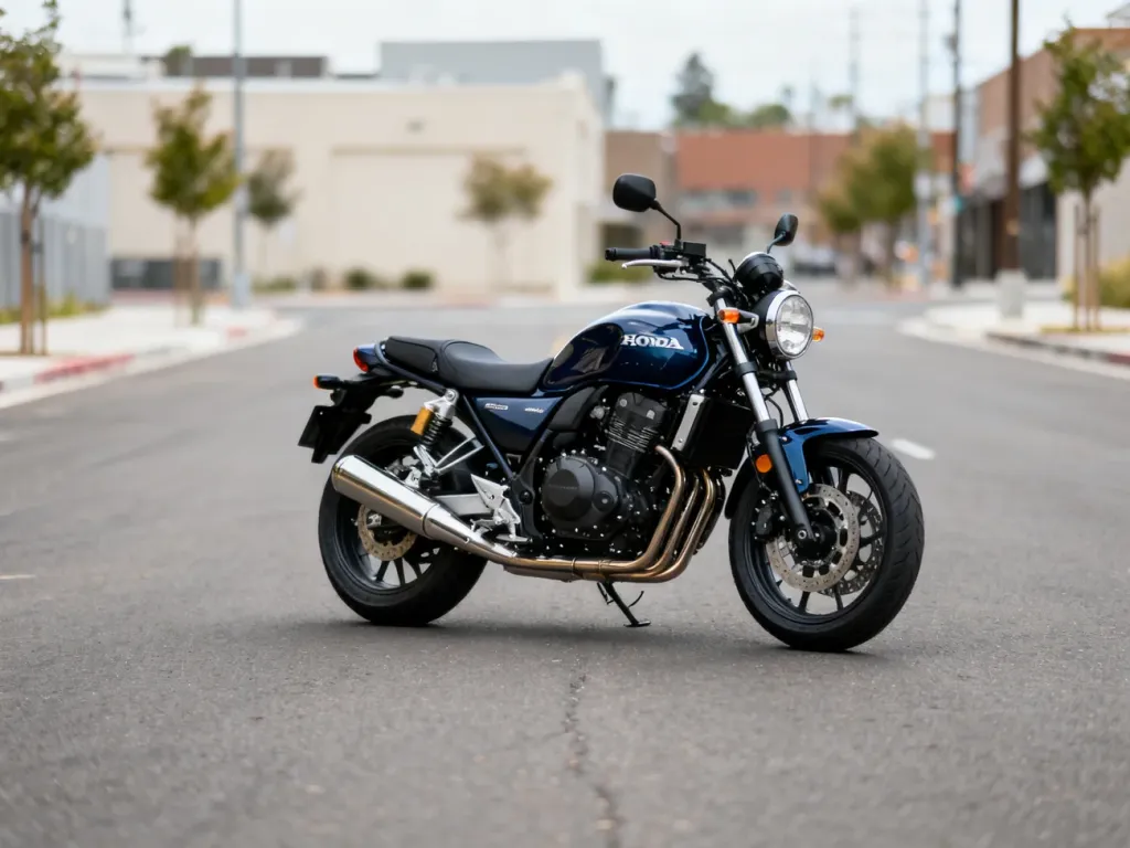 Honda Rebel 500 w ciemnoniebieskim kolorze zaparkowana na pustej ulicy, podkreślająca styl i detale cruisera