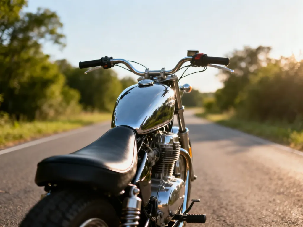 Klasyczny chopper Yamaha Virago 125 zaparkowany na spokojnej wiejskiej drodze, podkreślone chromy i zbiornik paliwa.