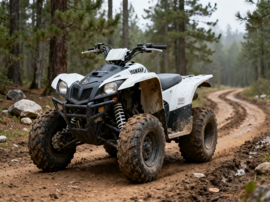 Quad Yamaha Grizzly 700 na leśnym szlaku, widok z przodu, podkreślone zawieszenie i opony terenowe po jeździe w błocie.