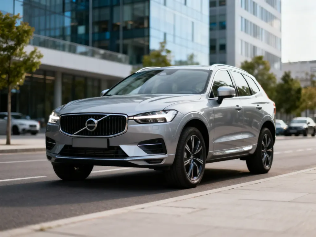 Srebrne Volvo XC60 zaparkowane na nowoczesnej, miejskiej ulicy, podkreślające design i charakter SUV‑a klasy premium.