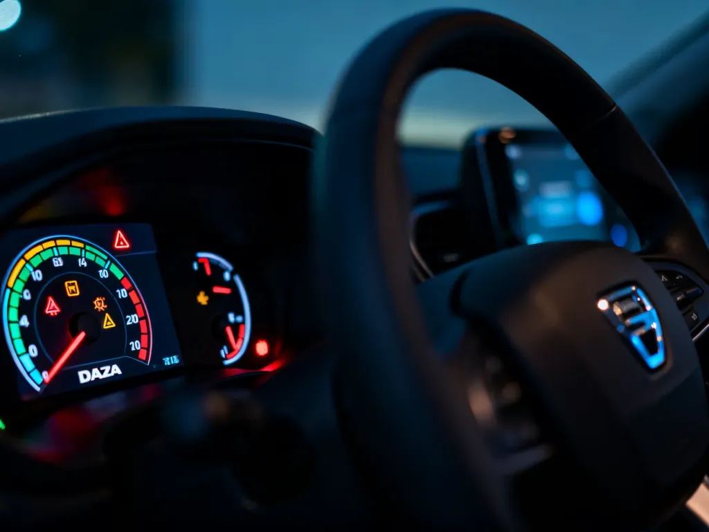Nocne zbliżenie deski rozdzielczej Dacii z podświetlonymi kontrolkami i wskaźnikami, wyjaśniającymi znaczenie symboli.