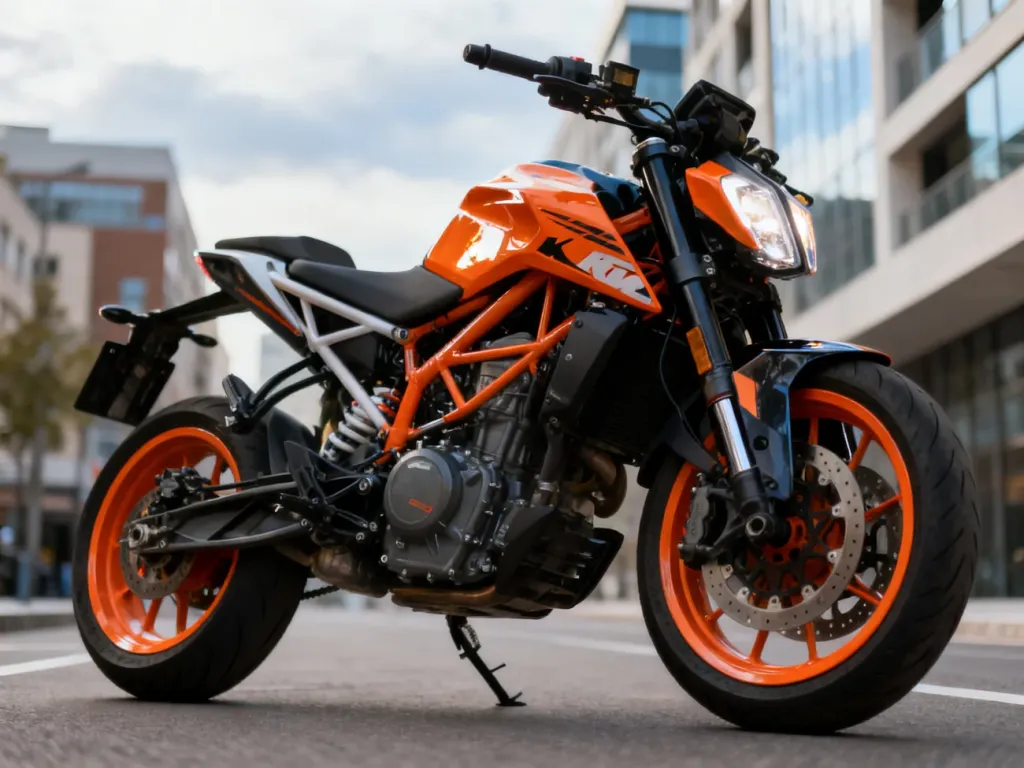Pomarańczowy motocykl typu naked na miejskiej ulicy, ujęcie z przodu podkreślające silnik, koła i przedni reflektor.