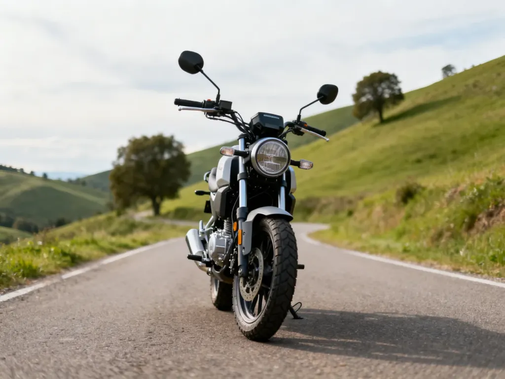 Motocykl 125 ccm typu adventure na spokojnej wiejskiej drodze, podkreślający ekonomiczne spalanie i możliwości turystyczne.